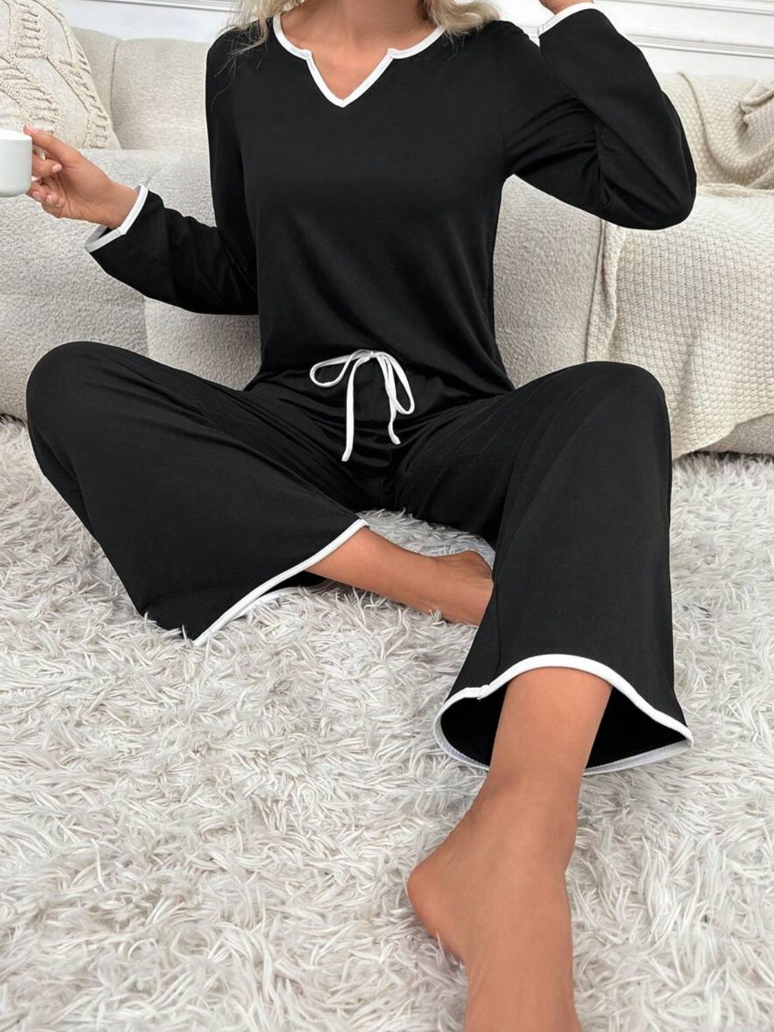 Stacey B's Contrast Trim Notched Long Sleeve Top and Pants Lounge Set