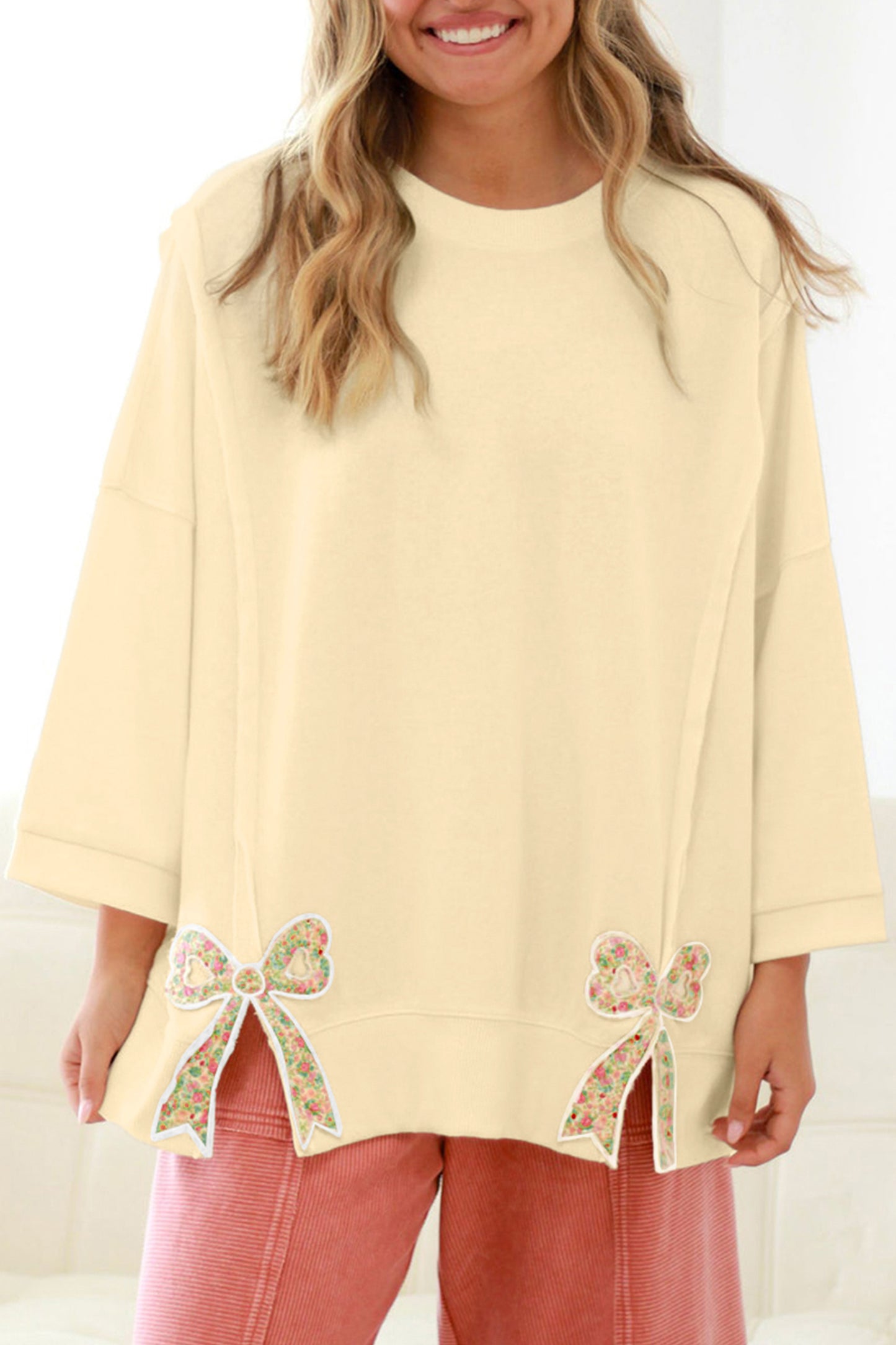 Stacey B's Beige Plus Size Raw Seam Detail Floral Bow Patched Baggy Pullover