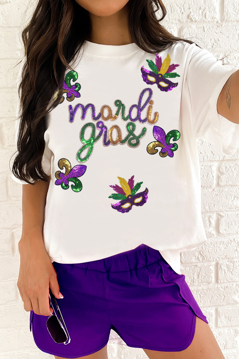 Stacey B's White Sequin Mardi Gras Pattern Graphic Crewneck Tee