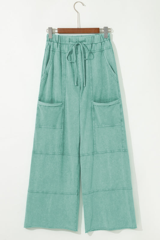 Stacey B's Mint Green Mineral Wash Exposed Seam Drawstring High Waist Wide Leg Cargo Pants
