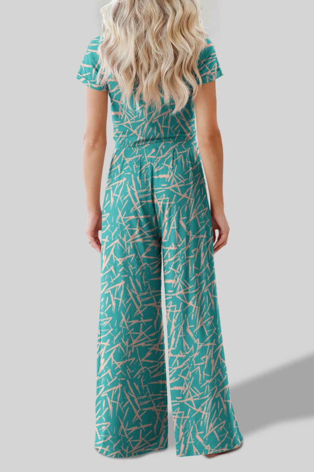 Stacey B!s Printed Round Neck Short Sleeve Top and Pants Set