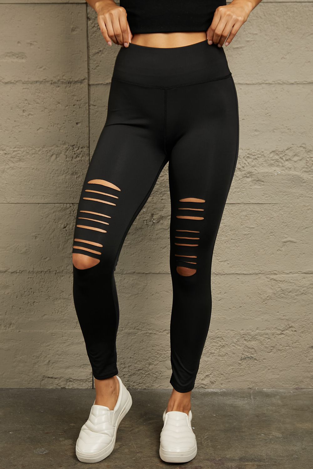 Stacey B's Wide Waistband Distressed Slim Fit Leggings