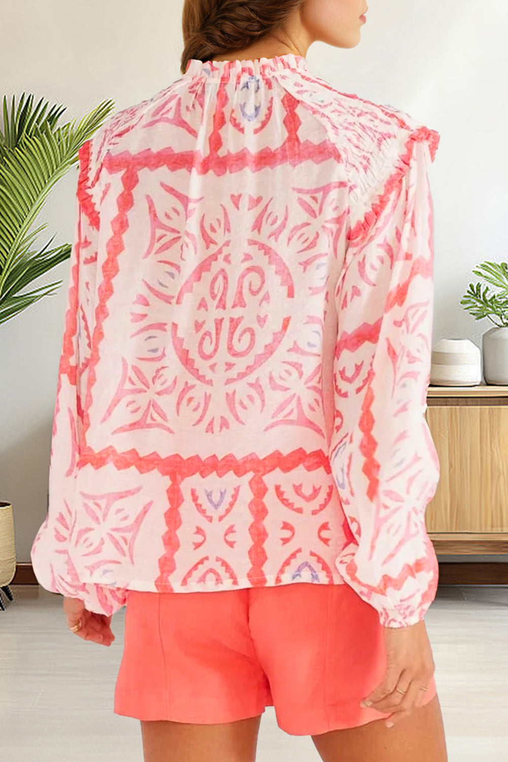 Stacey B's Desert Flower Vintage Print Smocked Poet Collar Billowy Blouson Sleeves Blouse