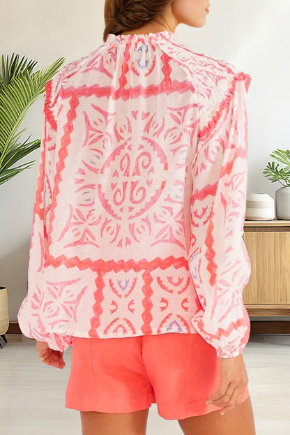 Stacey B's Desert Flower Vintage Print Smocked Poet Collar Billowy Blouson Sleeves Blouse