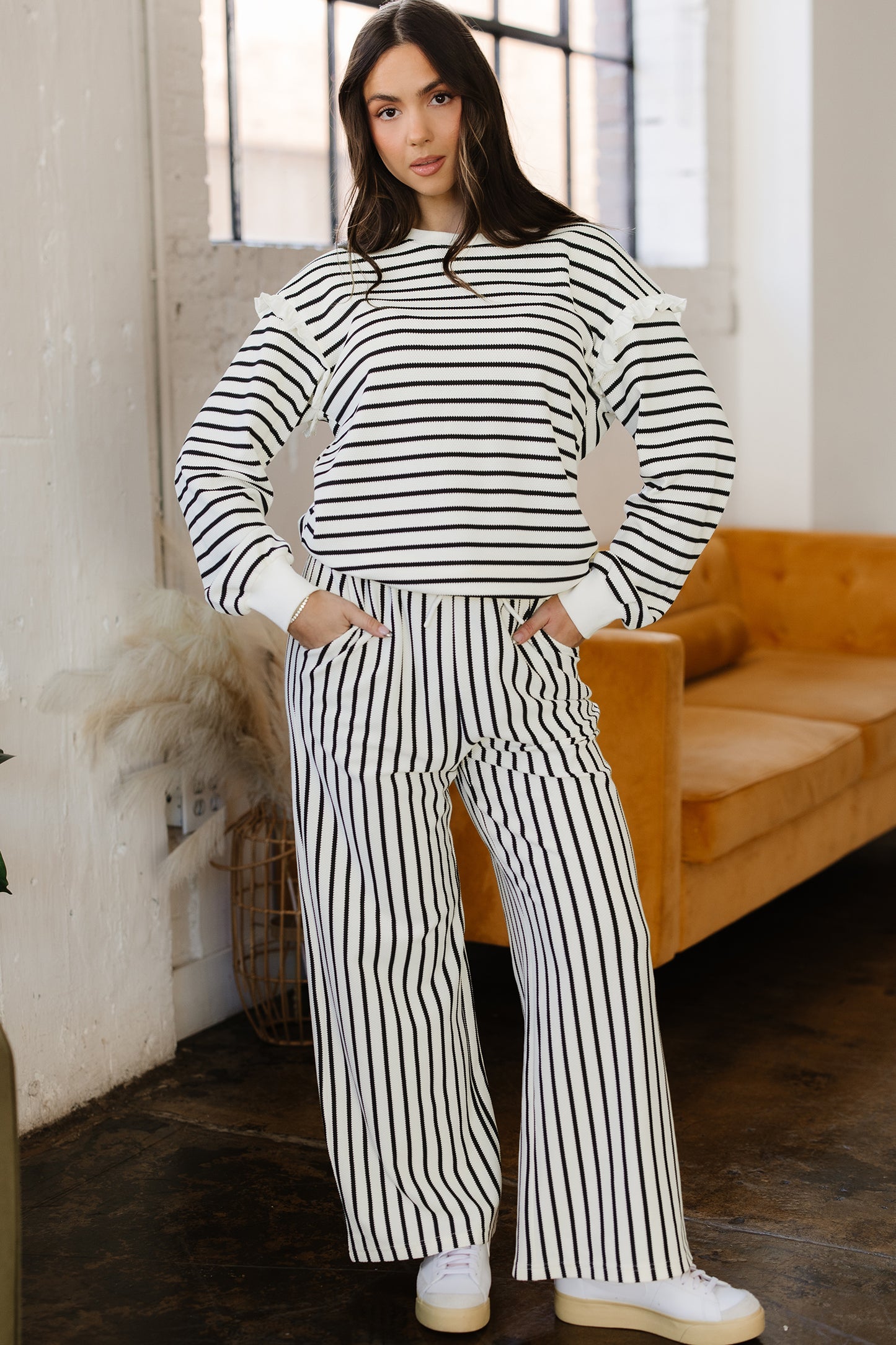 Stacey B's White Stripe Ruffle Trim Drop Shoulder Top Drawstring Loose Pant Set