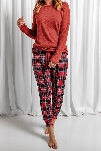 Stacey B's Round Neck Top and Drawstring Plaid Pants Lounge Set