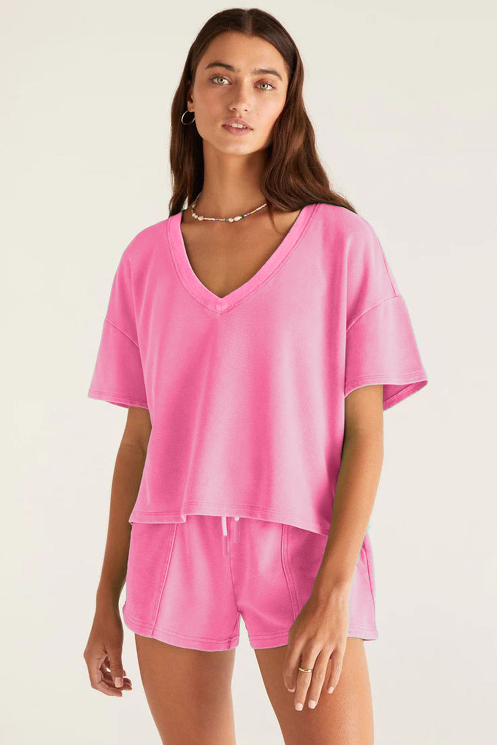 Stacey B's Myosotis V Neck Drop Shoulder Tee and Patchwork Shorts Set