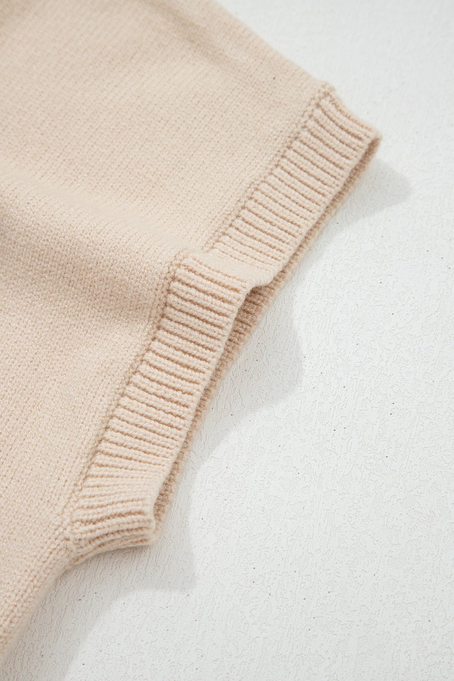 Stacey B's Parchment Corded Horseshoes Ribbed Trim Mock Neck Short Sleeve Sweater