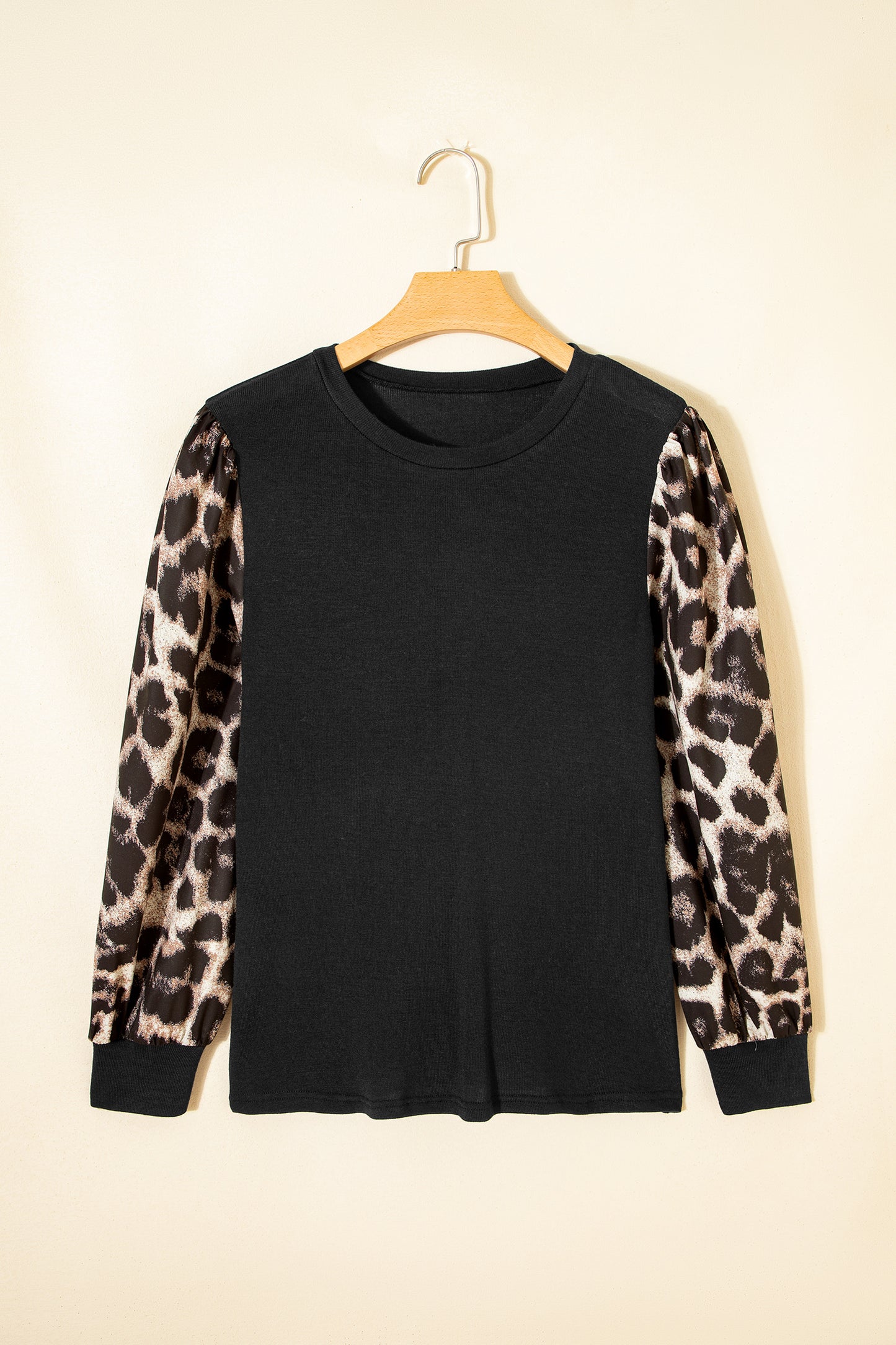 Stacey B's Khaki Leopard Puff Sleeve Patchwork Top