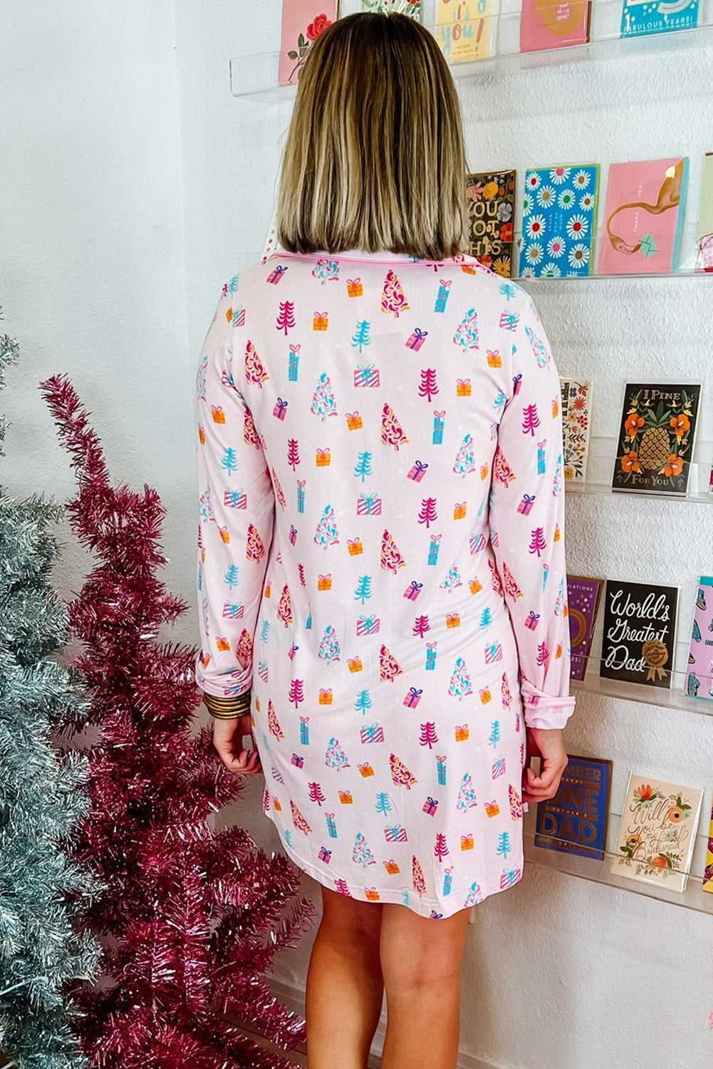 Stacey B's Pink Christmas Twinkle Tree Print Shirt Sleep Dress