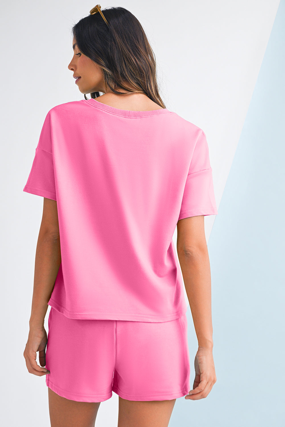 Stacey B's Myosotis V Neck Drop Shoulder Tee and Patchwork Shorts Set