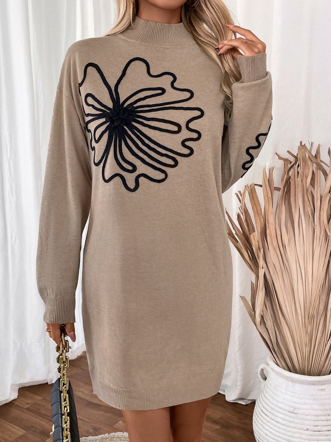 Stacey B's Perfee Flower Mock Neck Long Sleeve Sweater Dress