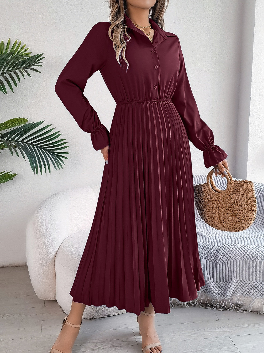 Stacey B's Pleated Half Button Long Sleeve Midi Dress