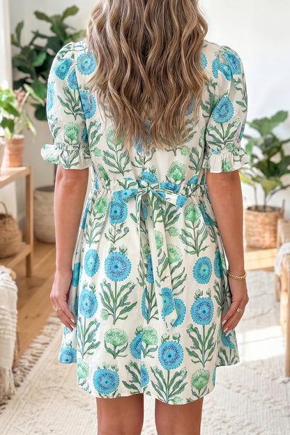 Stacey B's Sky Blue Floral Print Half Button Frilly Short Sleeve Dress
