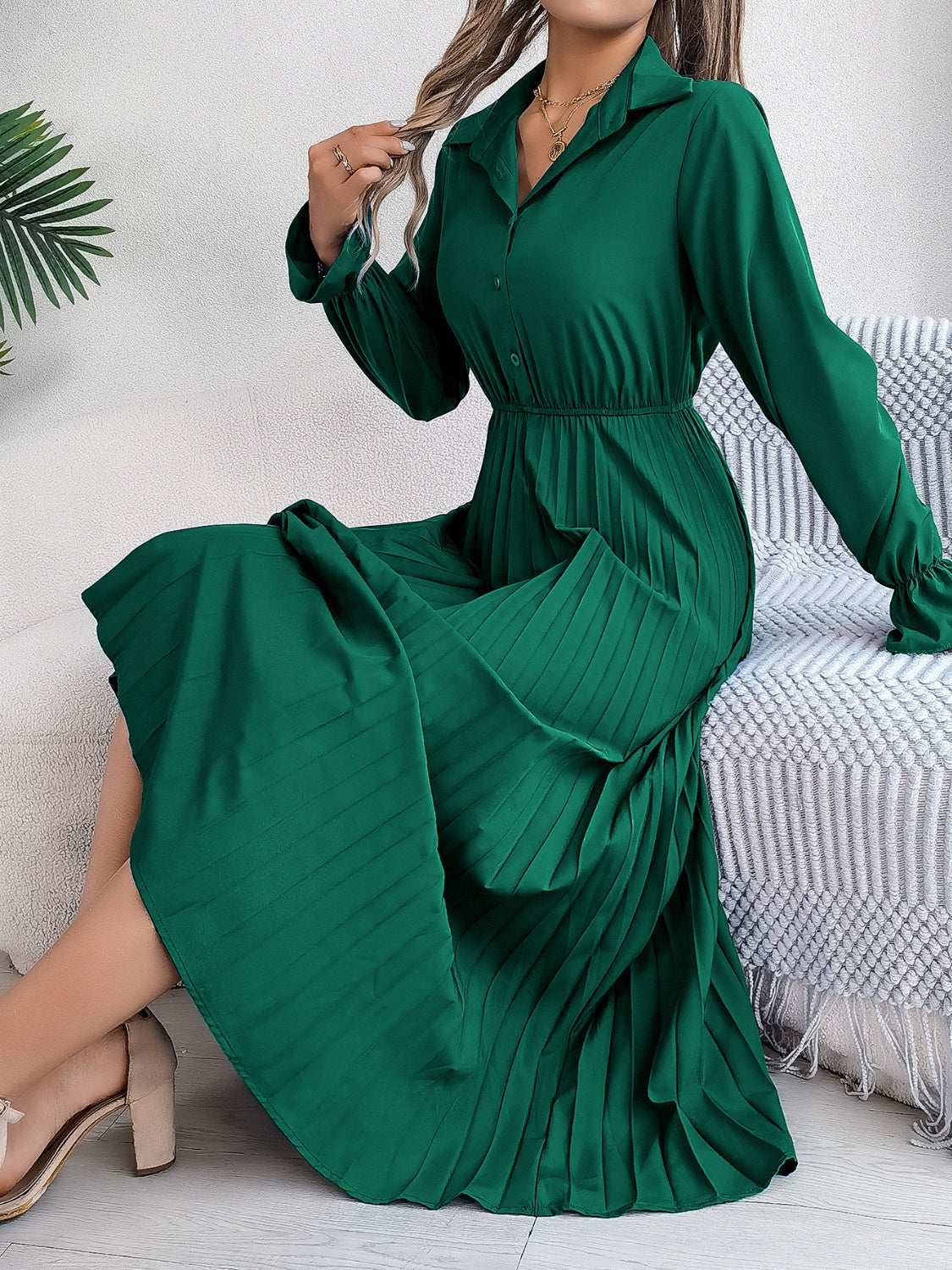 Stacey B's Pleated Half Button Long Sleeve Midi Dress