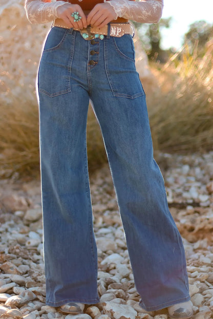 Stacey B's Ashleigh Blue Multi Buttons High Waist Wide Leg Jeans With Pockets