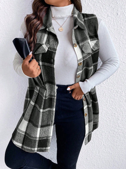 Stacey B's Honey Plus Size Pocketed Plaid Button Up Vest Coat