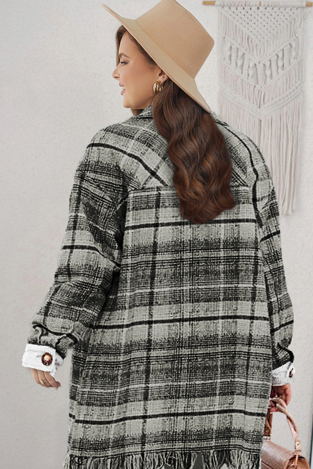 Stacey B's Black Plus Size Macrame Plaid Coat