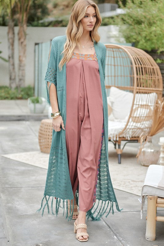 Stacey B's Solid Long Cardigan With Fringe