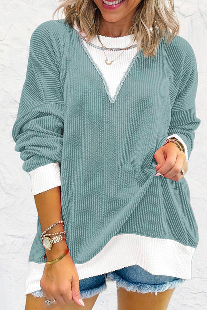 Stacey B's Light Blue Corded Colorblock Drop Shoulder Loose Top