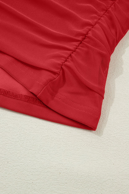 Stacey B's Fiery Red Sheer Mesh Patchwork High Neck Long Sleeve Top
