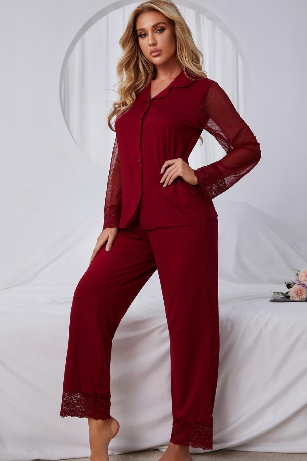 Stacey B's Spliced Lace Lapel Collar Pajama Set