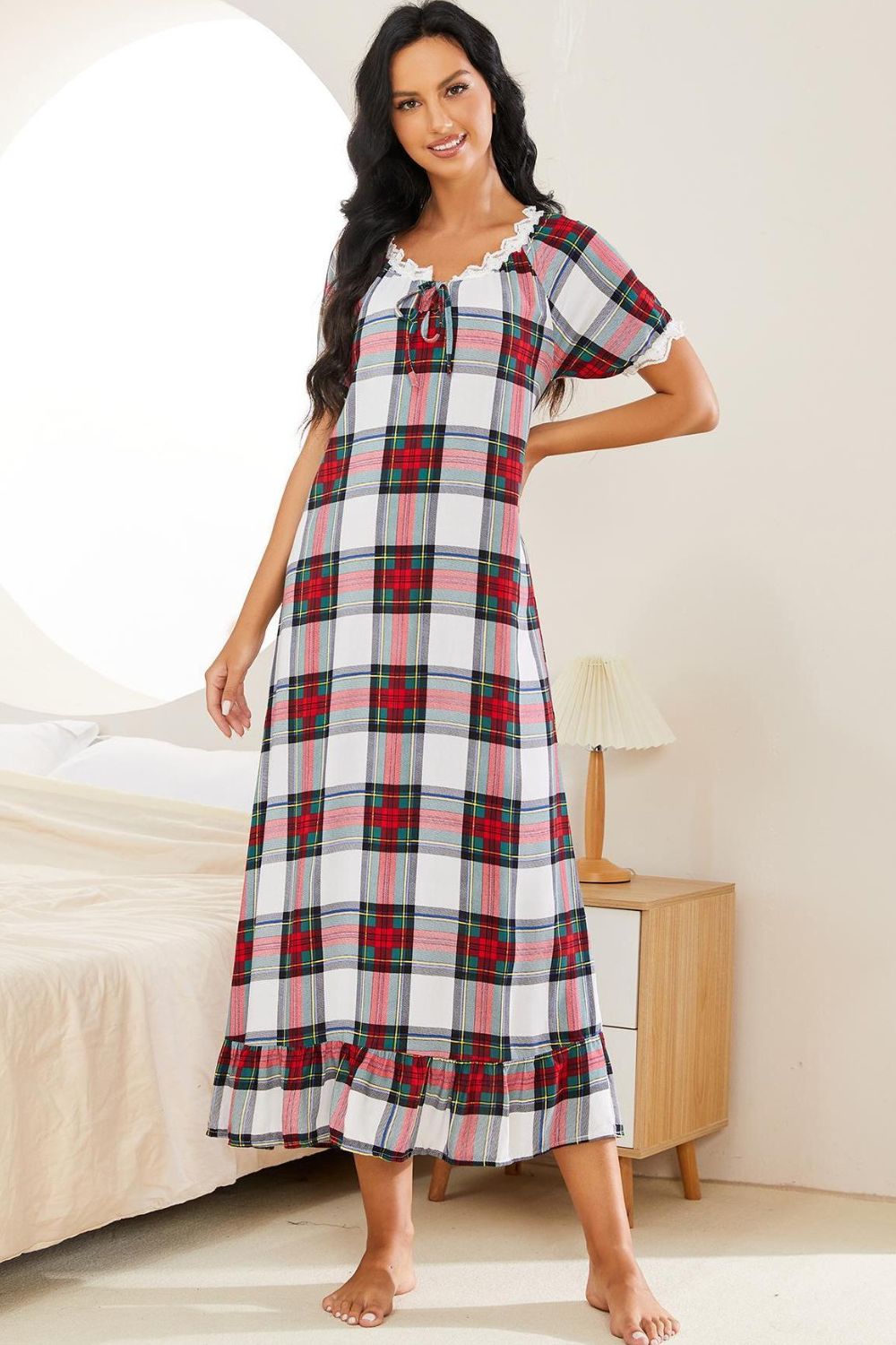 Stacey B's Plaid Lace Trim Ruffle Hem Night Dress