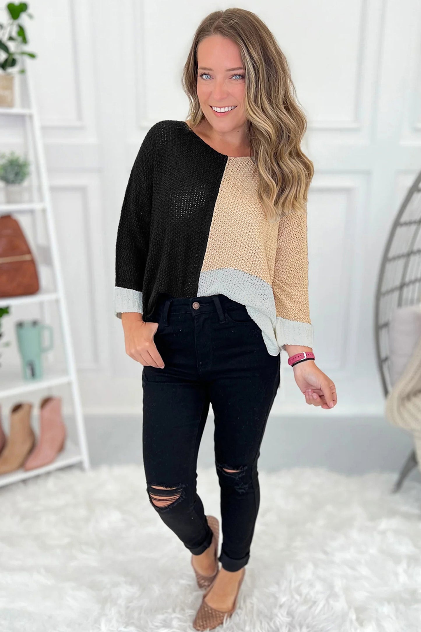 Stacey B's Black Color Block Knit V Neck Loose Sweater