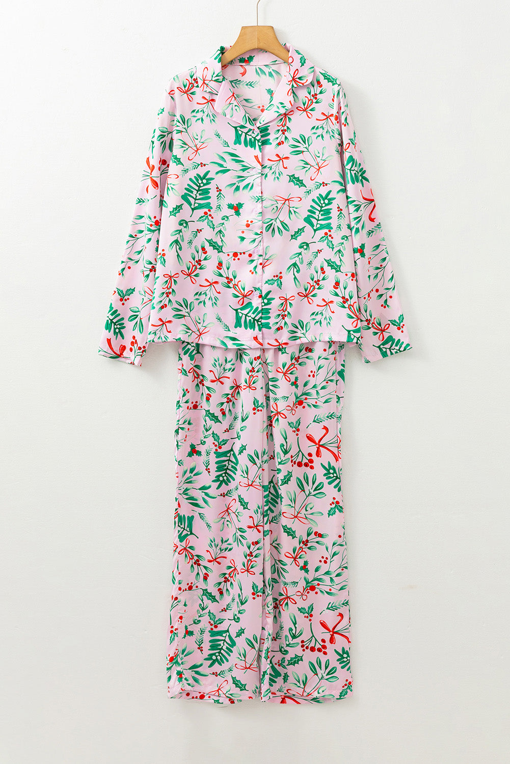 Stacey B's Pink Christmas Berries Plant Print Satin Long Sleeve Pajama Set