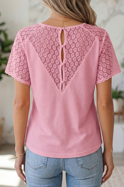 Stacey B's Pink Lace Splicing Button Cutout V Neck Waffle Knit Blouse