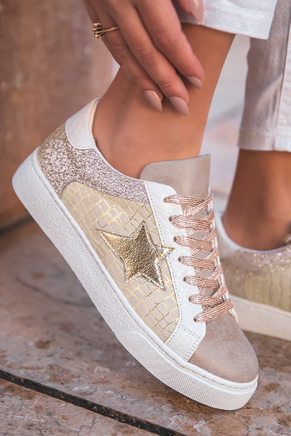 Stacey B's Gold Glitter Star Patchwork PU Leather Lace-up Sneakers