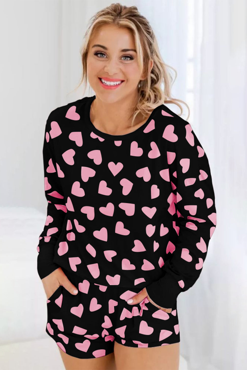 Stacey B's Heart Print Long Sleeve Top and Shorts Lounge Set