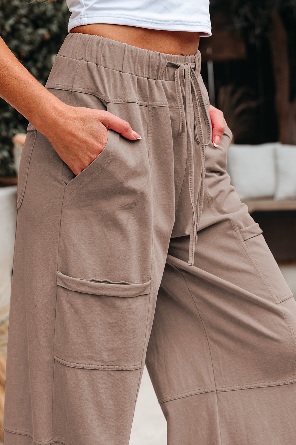 Stacey B's Smoke Gray Mineral Wash Exposed Seam Drawstring Elastic Waistband Wide Leg Cargo Pants
