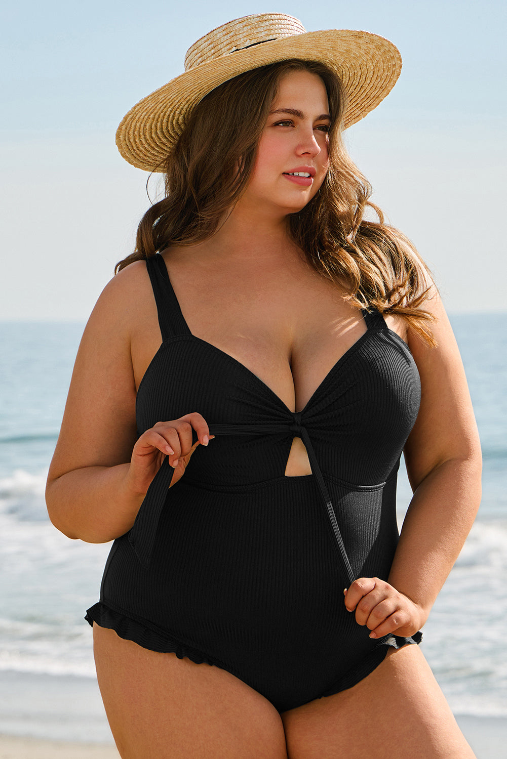 Stacey B's Black Plus Size Textured Knotted Ruffled Trim One Piece Swimwear