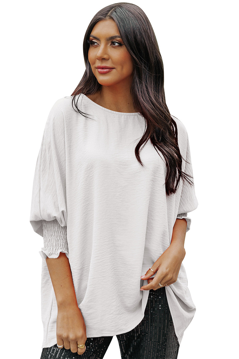 Stacey B's White Plain & Casual Shirred Cuffs Half Sleeve Top