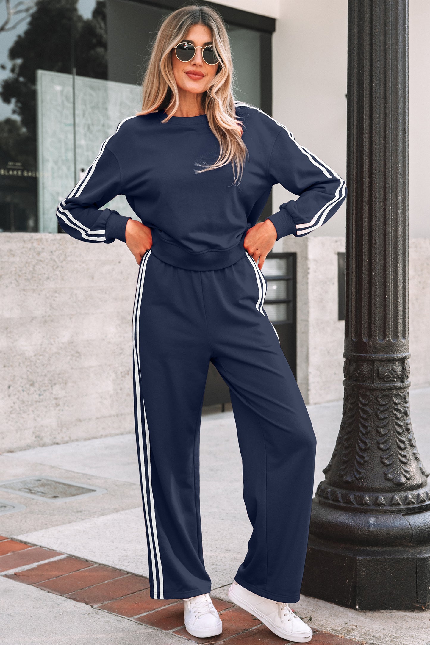 Stacey B's Dirty blue Varsity Striped Detail Crewneck Pullover Elastic Sweatpants 2pcs Outfit