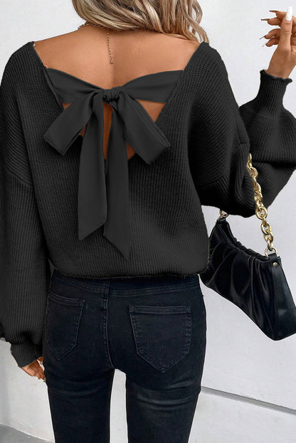 Stacey B's Black Lantern Sleeve V Neck Knot Back Sweater