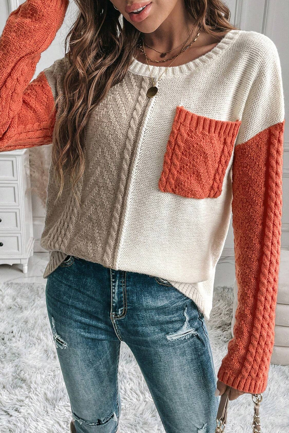 Stacey B's Color Block Round Neck Long Sleeve Sweater