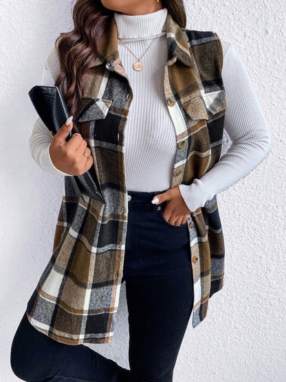 Stacey B's Honey Plus Size Pocketed Plaid Button Up Vest Coat