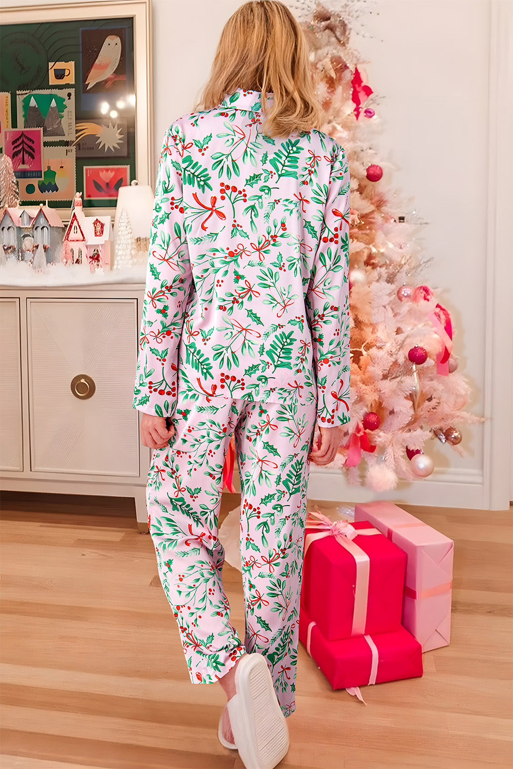 Stacey B's Pink Christmas Berries Plant Print Satin Long Sleeve Pajama Set