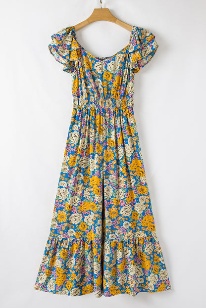 Stacey B's Yellow Floral Allover Print Shirred Cut Out High Waist Jumpsuit