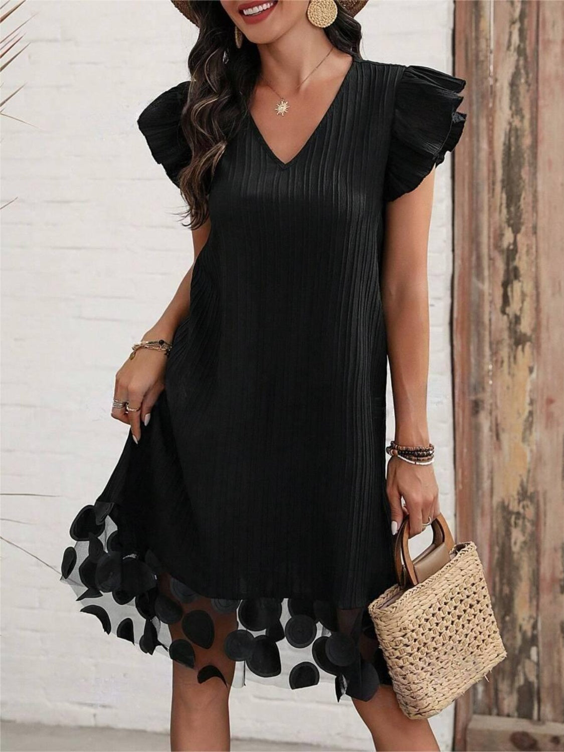 Stacey B's Ruffled V-Neck Cap Sleeve Dress