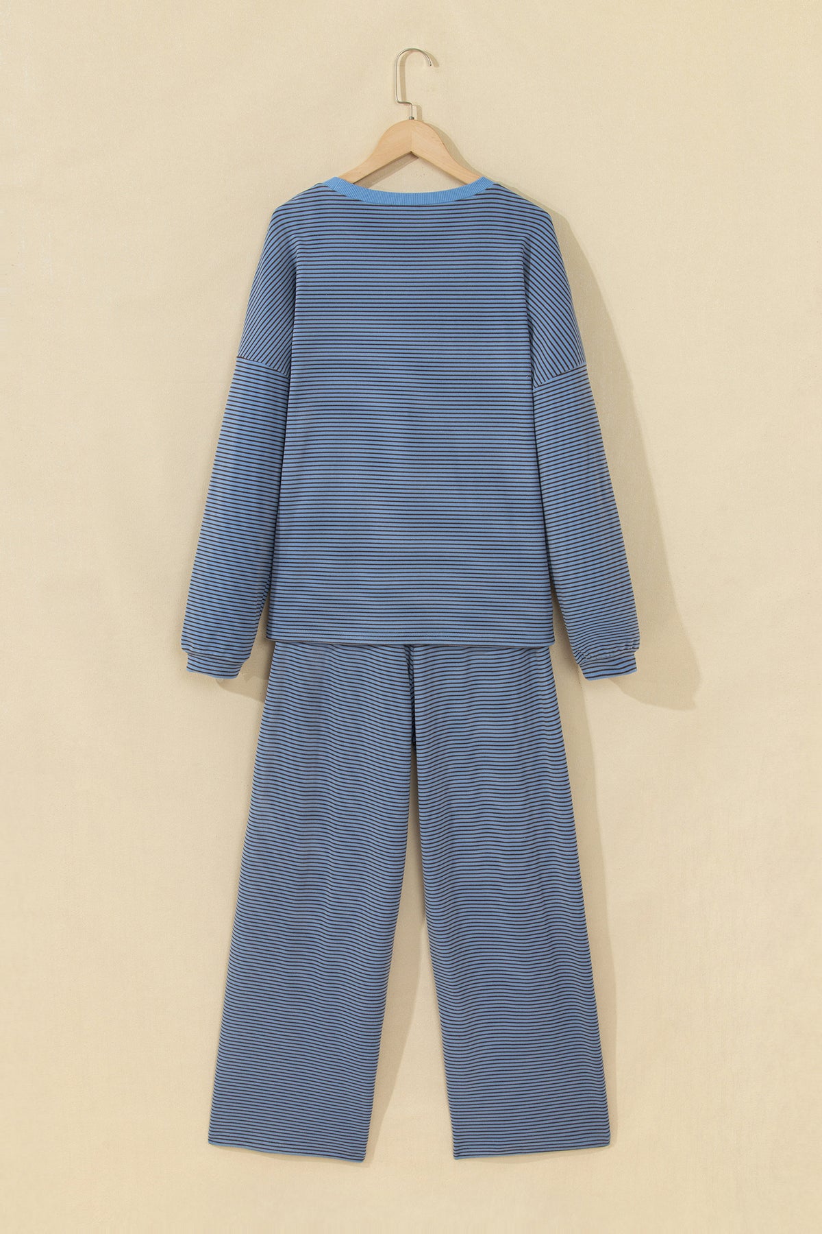 Stacey B's Beige Stripe Contrast Trim Round Neck Oversize Long Sleeve Top 2pcs Pant Set