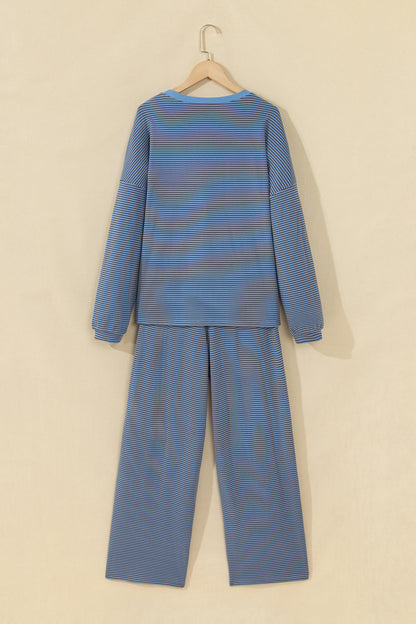 Stacey B's Beige Stripe Contrast Trim Round Neck Oversize Long Sleeve Top 2pcs Pant Set