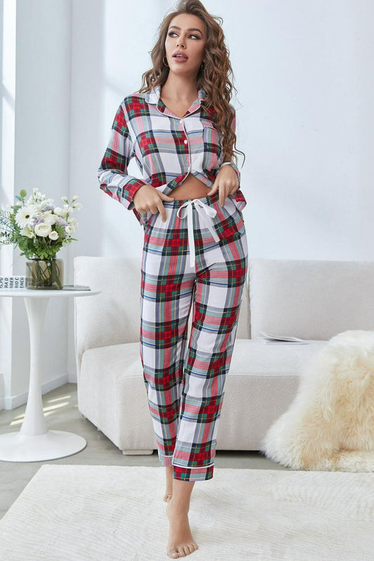 Stacey B's Plaid Button Front Top and Pants Lounge Set