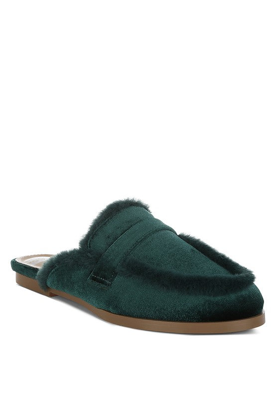 Stacey B's Seyhan Fur Detail Velvet Slip-On Mules