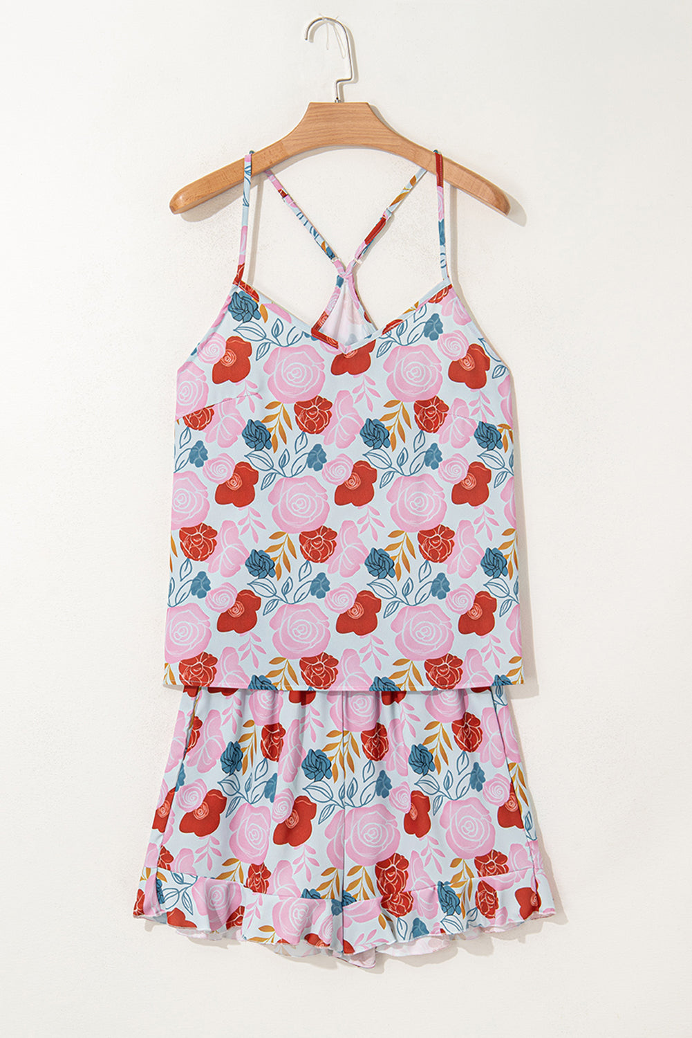 Stacey B's Multicolour Floral V Neck Cami Top and Ruffled Shorts Lounge Set