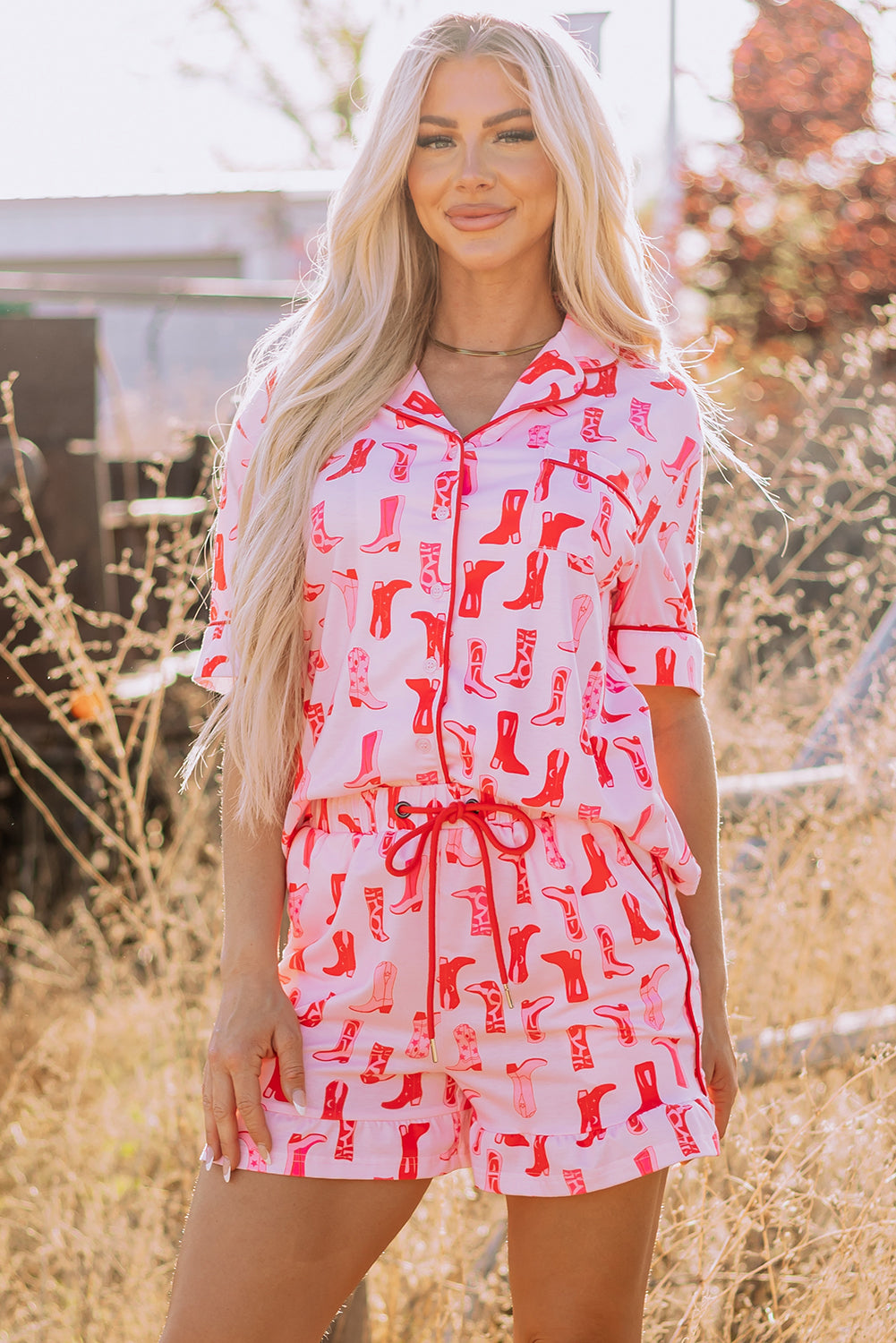 Stacey B's Pink Western Cowgirl Boots Printed Shirt Ruffled Shorts Pajama Set
