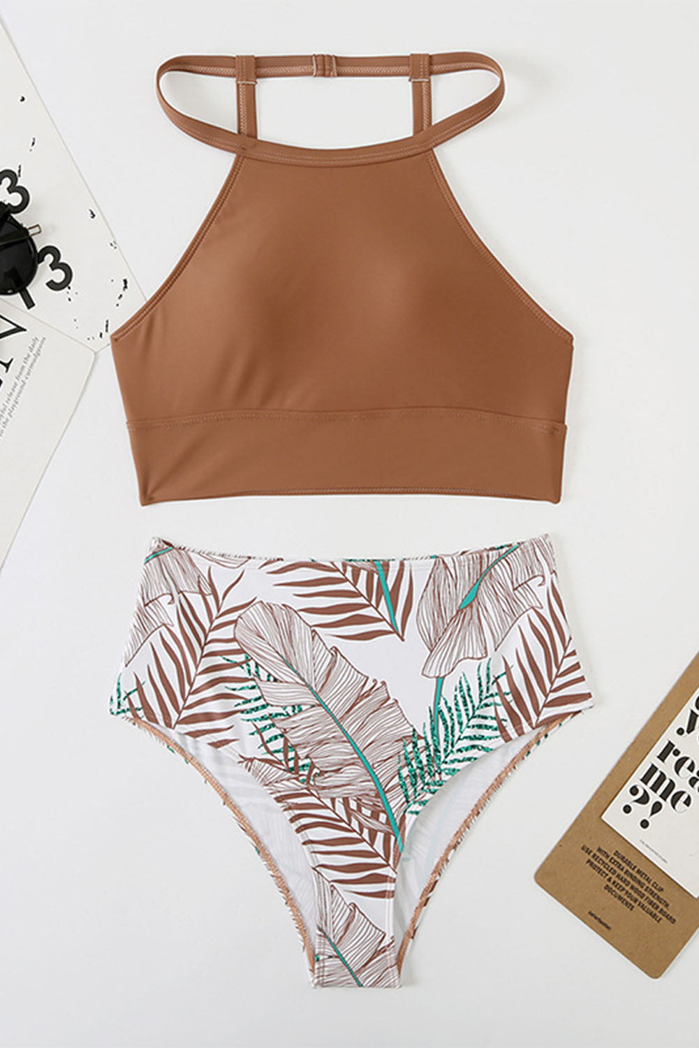 Stacey B's Brown Tropical Print Back Split Color Block High Waisted Swimsuit