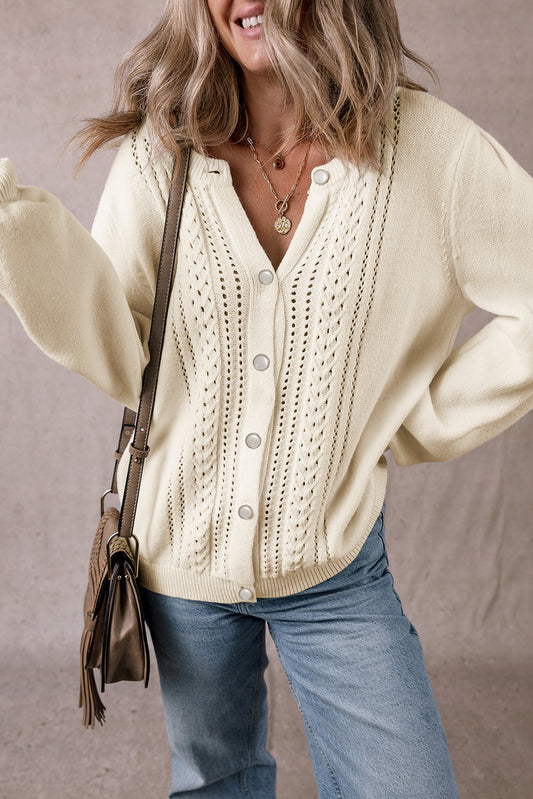 Stacey B's Apricot Pleated Sleeve Hollow Detail Button Sweater Cardigan